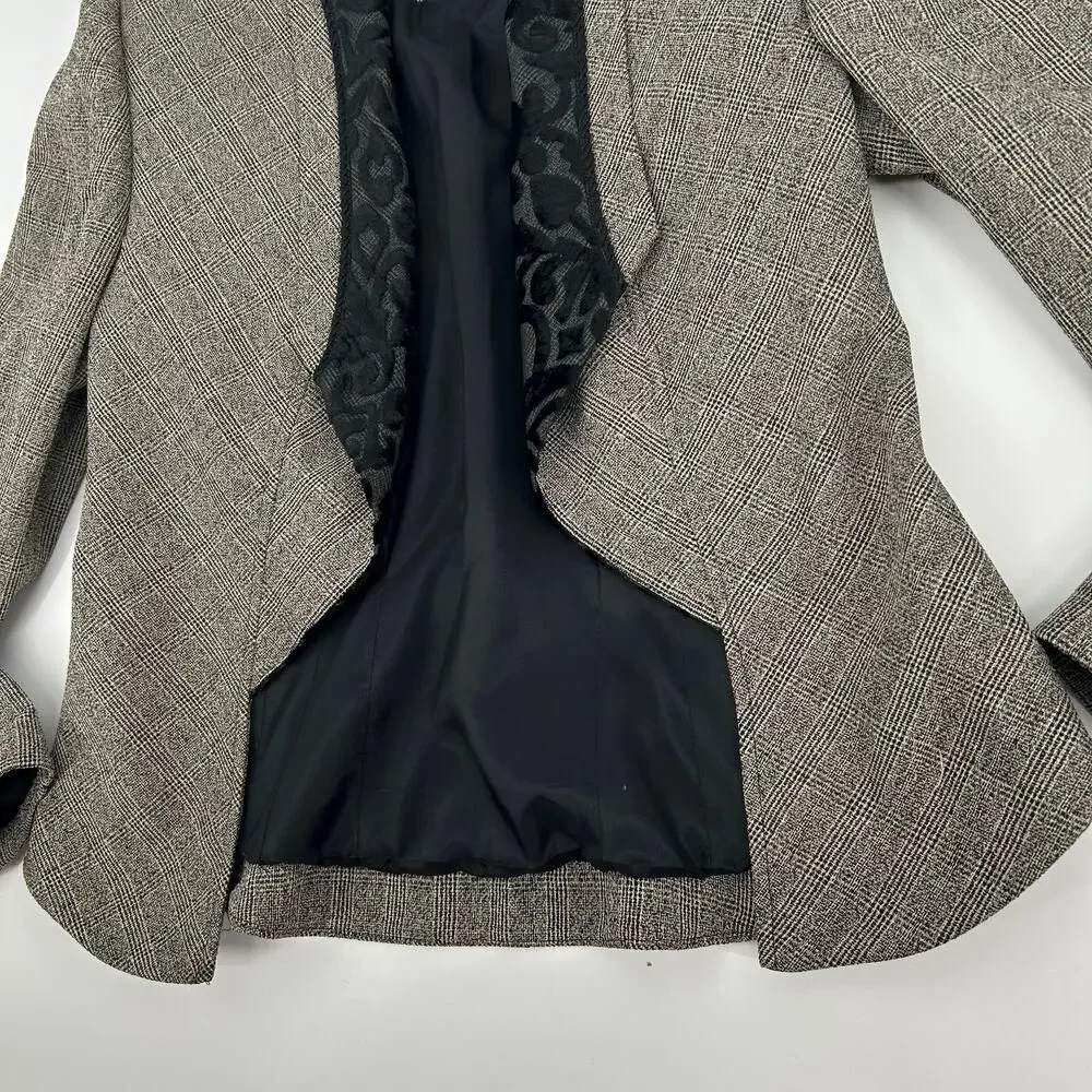 VTG 90s Womens Black Grey Sideffects Glen Check Plaid Velour Paisley Blazer Sz S